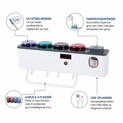 Produktm�l p� tandb�rsteholder med tandpastadispenser og UV-sterilisering med m�l for holder, krus, dybde, bredde og h�jde