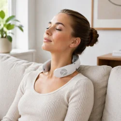 nakke massager med varme og justerbar intensitet i brug p� nakken