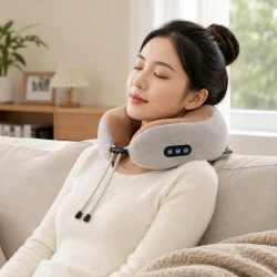 Nakkemassage med massagepude placeret omkring nakken under afslapning i sofaen