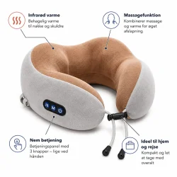 Nakkepude med massage og infrar�d varme vist med produktets vigtigste funktioner