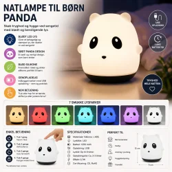 Natlampe til b�rn panda infografik med funktioner og lysfarver