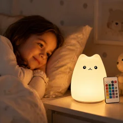 Natlampe til b�rn i brug p� b�rnev�relse med bl�dt LED lys og katte lampe ved seng