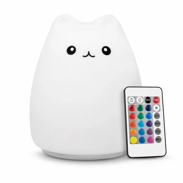 LED natlampe til b�rn formet som kat med fjernbetjening og USB opladning p� hvid baggrund