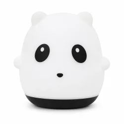 Natlampe til b�rn formet som panda med bl�dt LED lys p� hvid baggrund