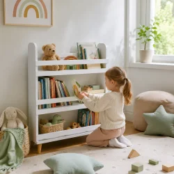 Reol til b�rnev�relse med b�ger og leget�j brugt i moderne b�rnev�relse med barn