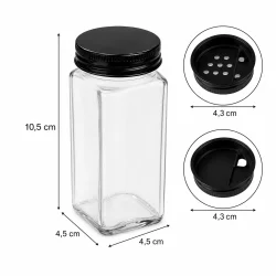 Opbevaringsglas til krydderier med m�l og dimensionsgrafik af 120 ml krydderiglas