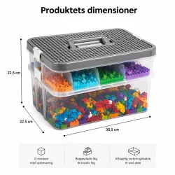 Opbevaringskasse til klodser med byggeplade med m�l og dimensioner vist grafisk