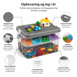 Opbevaringskasse til klodser med byggeplade infografik med funktioner og sorteringsbakke