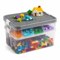 Opbevaringskasse til klodser med byggeplade p� hvid baggrund med l�g og gennemsigtig boks