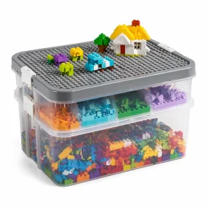 Opbevaringskasse til klodser med byggeplade p� hvid baggrund med l�g og gennemsigtig boks