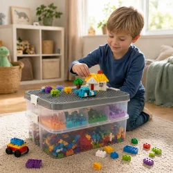 Opbevaringskasse til klodser med byggeplade i brug i b�rnev�relse med leg og klodser