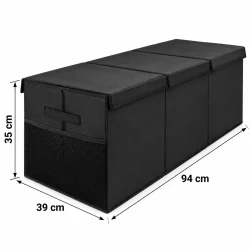 Sort opbevaringskasse med angivne m�l for kassens fysiske dimensioner.