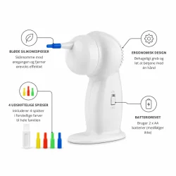 Feature infografik af elektrisk �revoks fjerner med bl�de silikonespidser og ergonomisk design