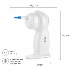 Dimensionsgrafik af �rerenser med m�l, batteridrift og kompakt ergonomisk design