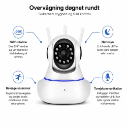 Overv�gningskamera med app infografik der viser 360 graders rotation, nattesyn, bev�gelsessensor og tovejskommunikation