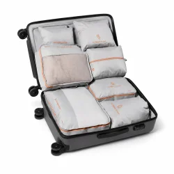 Packing cubes s�t i �ben kuffert med organiseret rejseopbevaring og pladsbesparende rejsetilbeh�r