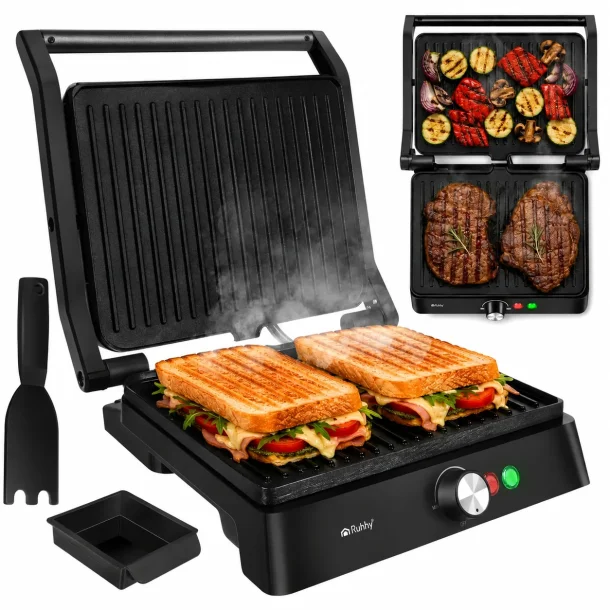 Panini grill med rillede grillplader, temperaturregulering og tilbeh�r