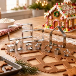 Udstikkere til peberkagehus placeret i udrullet dej i en julebagescene med f�rdigt peberkagehus i baggrunden.