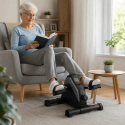 Pedaltr�ner til �ldre brugt til hjemmetr�ning i moderne stue med naturligt dagslys