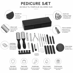 Pedicure s�t feature infografik med 30 dele, rustfrit st�l v�rkt�j, fodfil og etui til fodpleje og h�rd hud