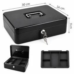 Pengekasse med m�l p� 30 x 24 x 9 cm samt �ben kasse og m�ntbakke