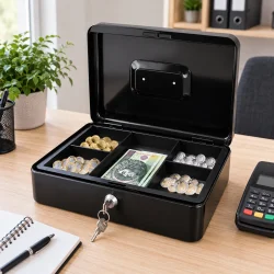 Pengekasse med kontanter og m�ntbakke p� skrivebord i kontormilj�