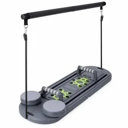 Pilates board med modstandsb�nd, h�ndtag, drejeskiver og tv�rstang.