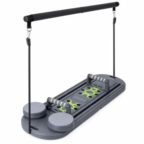 Pilates board med modstandsb�nd, h�ndtag, drejeskiver og tv�rstang.