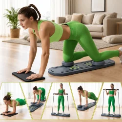 Pilates board vist med forskellige �velser med drejeskiver, h�ndst�tte og modstandsb�nd.