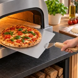Pizzaspade med pizza f�res ind i en varm pizzaovn