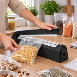 Poseforsegler i brug til at lukke en plastpose med t�r pasta p� k�kkenbord