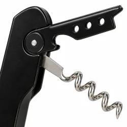 N�rbillede af proptr�kkerens metalspiral, h�ngsel og sorte �bnerarm