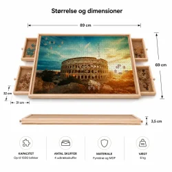 Puslespilsbord med m�l og dimensioner, 89 � 69 cm, passer til puslespil op til 1500 brikker.