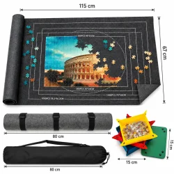 Puslespilsm�tte med angivne m�l p� 115 x 67 cm samt m�l p� opbevaringstaske og sorteringsposer.