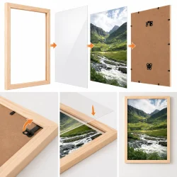 Tr�ramme 40x60 med akrylglas, motiv og MDF-bagplade vist under montering