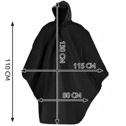 Regnponcho med m�l og dimensioner vist med teknisk m�legrafik p� hvid baggrund