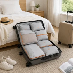 Rejse organizer s�t placeret i hotelv�relse med kuffert organizer til t�j og h�ndbagage