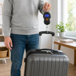 Digital bagagev�gt i brug med kuffert i moderne hjem. Rejsev�gt med LCD display og pr�cis vejning af bagage f�r flyrejse.