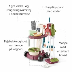 rengoeringssaet til boern med vogn og tilbehoer infografik med funktioner og egenskaber