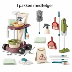 rengoeringssaet til boern med vogn og tilbehoer alle dele vist hvad er der i pakken