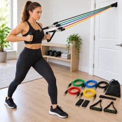 Flere resistance bands anvendt samtidig med h�ndtag og d�ranker under hjemmetr�ning