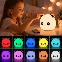 RGB lampe panda natlampe med forskellige farver og lysfunktioner vist i farveskiftende oversigt