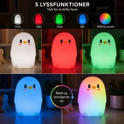 RGB natlampe pingvin med farveskift i hvid, r�d, gr�n, bl� og flerfarvet lys