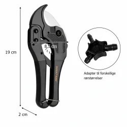 R�rklipper PVC med ratchet med m�l og dimensioner vist
