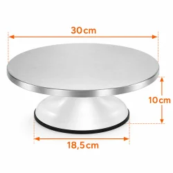 Roterende kagefad med angivet diameter p� 30 cm, foddiameter p� 18,5 cm og h�jde p� 10 cm.