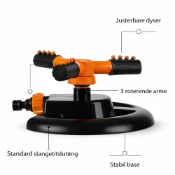 Roterende sprinkler med 3 arme infografik med funktioner og justerbare dyser