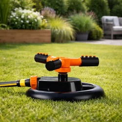 Roterende sprinkler med 3 arme placeret i havemilj� p� gr�s med naturligt lys