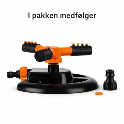 Roterende sprinkler med 3 arme og tilbeh�r vist samlet i pakken