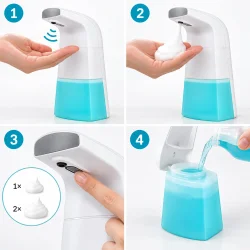 S�bedispenser med sensor vist med automatisk skumdosering, valg af dosering og p�fyldning af s�be.