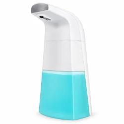 Ber�ringsfri s�bedispenser med sensor til skums�be i hvid med turkis beholder.